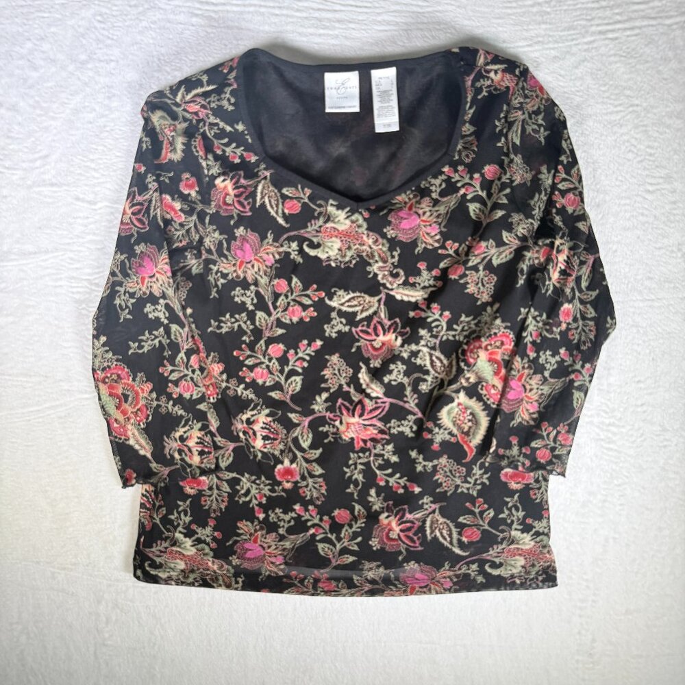 Emma James Top Women’s Size Large Petite Floral Mesh Overlay Boho Chic Y2K‎